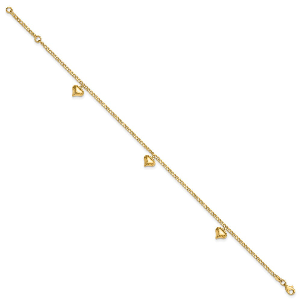 14K Polished Curb Chain with 3 Puffed Heart Dangles 9 inch Plus 1 inch Extender Total 10 inch Anklet