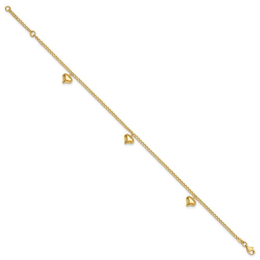 14K Polished Curb Chain with 3 Puffed Heart Dangles 9 inch Plus 1 inch Extender Total 10 inch Anklet