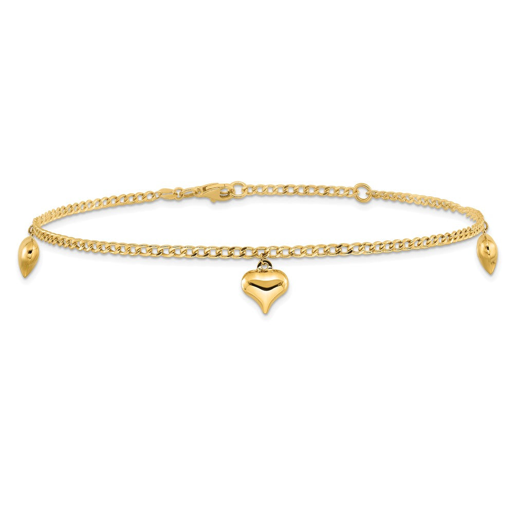 14K Polished Curb Chain with 3 Puffed Heart Dangles 9 inch Plus 1 inch Extender Total 10 inch Anklet