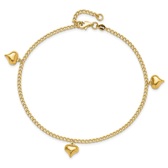14K Polished Curb Chain with 3 Puffed Heart Dangles 9 inch Plus 1 inch Extender Total 10 inch Anklet