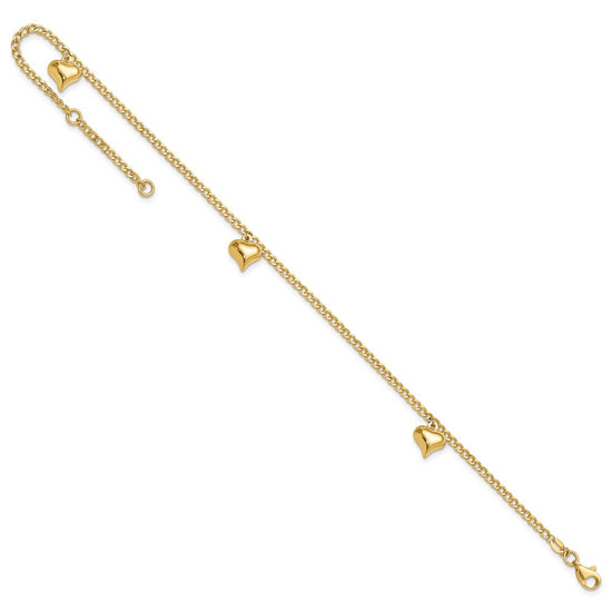 14K Polished Curb Chain with 3 Puffed Heart Dangles 9 inch Plus 1 inch Extender Total 10 inch Anklet