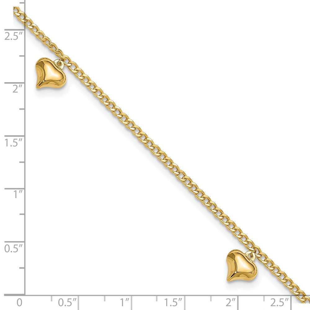 14K Polished Curb Chain with 3 Puffed Heart Dangles 9 inch Plus 1 inch Extender Total 10 inch Anklet