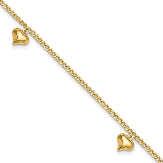 14K Polished Curb Chain with 3 Puffed Heart Dangles 9 inch Plus 1 inch Extender Total 10 inch Anklet