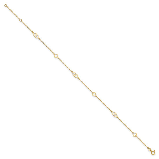 14K Polished Heart Links and Chain 9 inch Plus 1 inch Extender - Total 10 inch Anklet