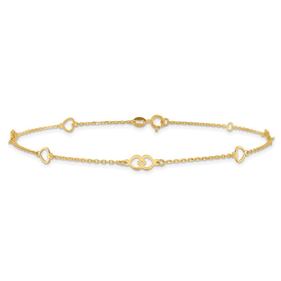14K Polished Heart Links and Chain 9 inch Plus 1 inch Extender - Total 10 inch Anklet