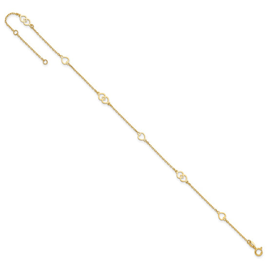 14K Polished Heart Links and Chain 9 inch Plus 1 inch Extender - Total 10 inch Anklet