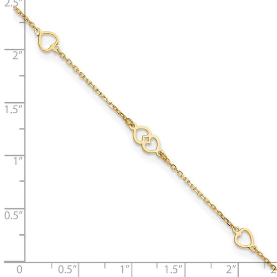 14K Polished Heart Links and Chain 9 inch Plus 1 inch Extender - Total 10 inch Anklet