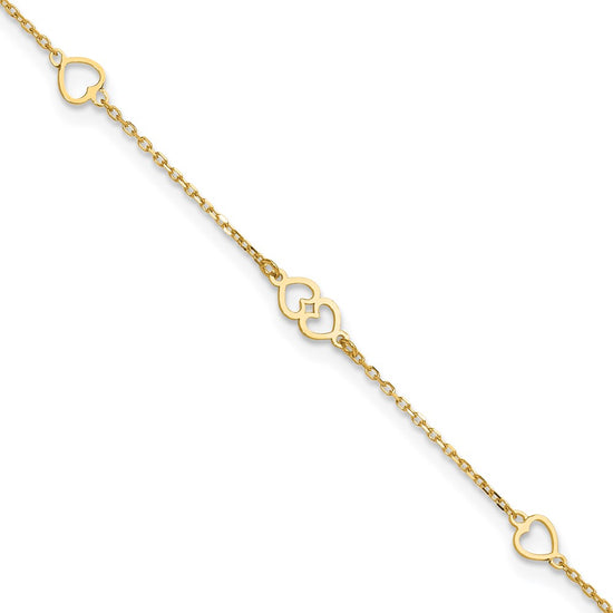 14K Polished Heart Links and Chain 9 inch Plus 1 inch Extender - Total 10 inch Anklet