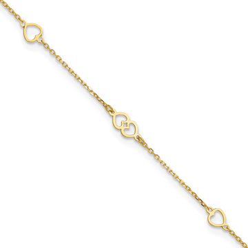 14K Polished Heart Links and Chain 9 inch Plus 1 inch Extender - Total 10 inch Anklet