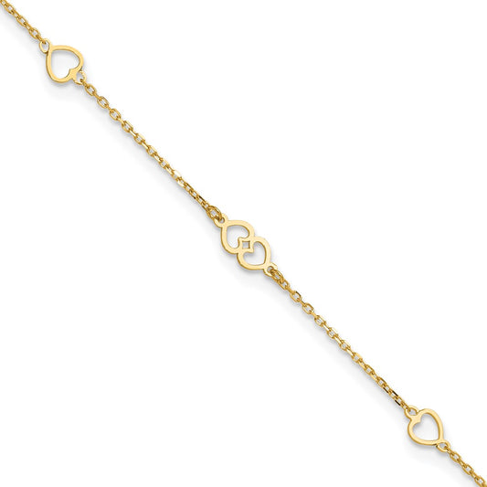 14K Polished Heart Links and Chain 9 inch Plus 1 inch Extender - Total 10 inch Anklet