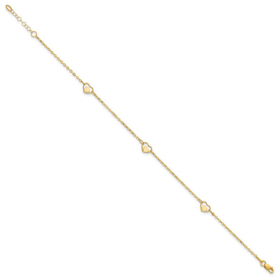 14K Polished Heart-in-Heart Links 3-Station 9 inch Plus 1 inch Extender - Total 10 inch Anklet