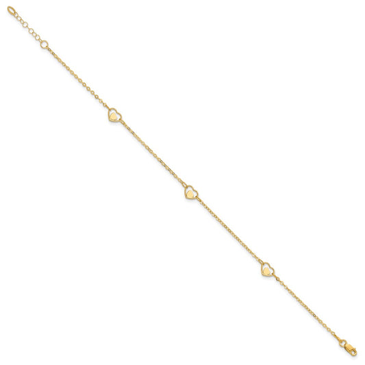 14K Polished Heart-in-Heart Links 3-Station 9 inch Plus 1 inch Extender - Total 10 inch Anklet