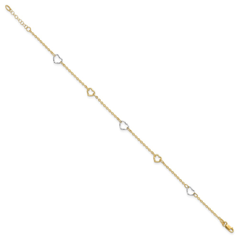 14K Two-tone Polished Open Hearts 5-Station 9 inch Plus 1 inch Extender Total 10 inch Anklet