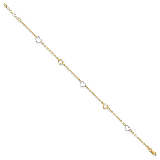 14K Two-tone Polished Open Hearts 5-Station 9 inch Plus 1 inch Extender Total 10 inch Anklet