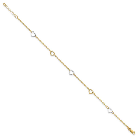 14K Two-tone Polished Open Hearts 5-Station 9 inch Plus 1 inch Extender - Total 10 inch Anklet
