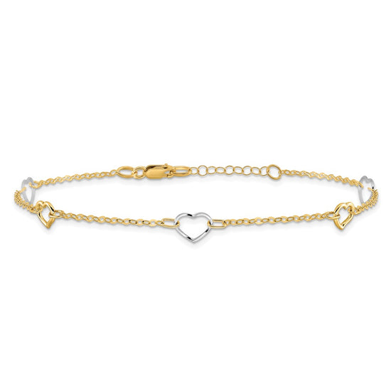14K Two-tone Polished Open Hearts 5-Station 9 inch Plus 1 inch Extender Total 10 inch Anklet