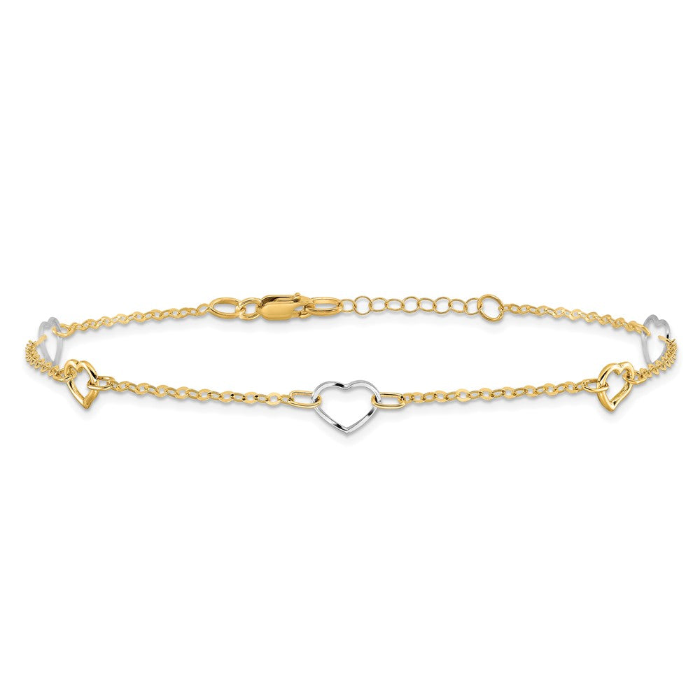 14K Two-tone Polished Open Hearts 5-Station 9 inch Plus 1 inch Extender Total 10 inch Anklet
