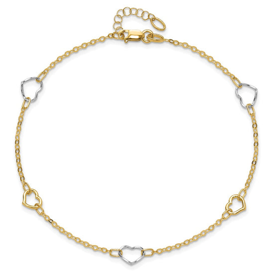 14K Two-tone Polished Open Hearts 5-Station 9 inch Plus 1 inch Extender Total 10 inch Anklet