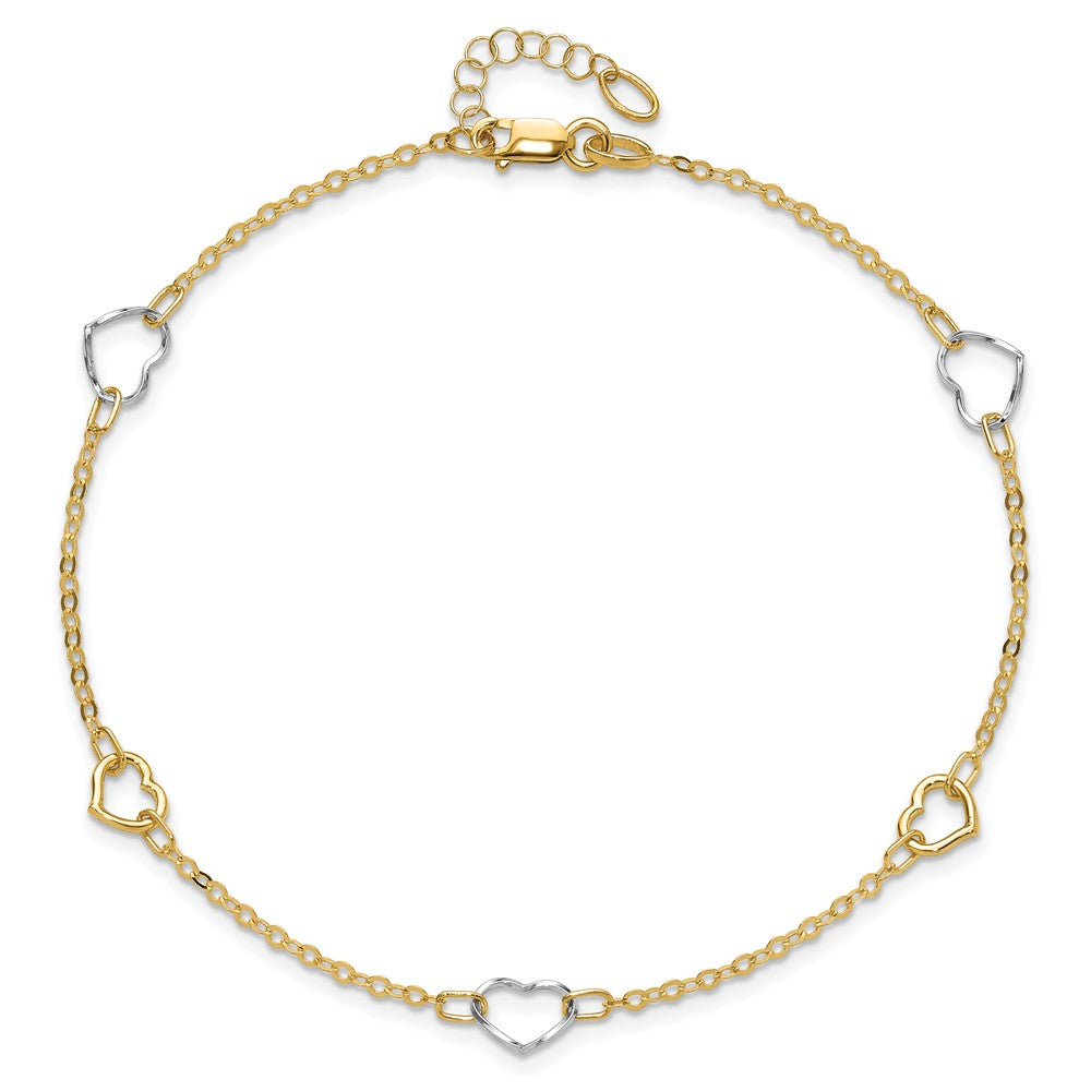14K Two-tone Polished Open Hearts 5-Station 9 inch Plus 1 inch Extender Total 10 inch Anklet