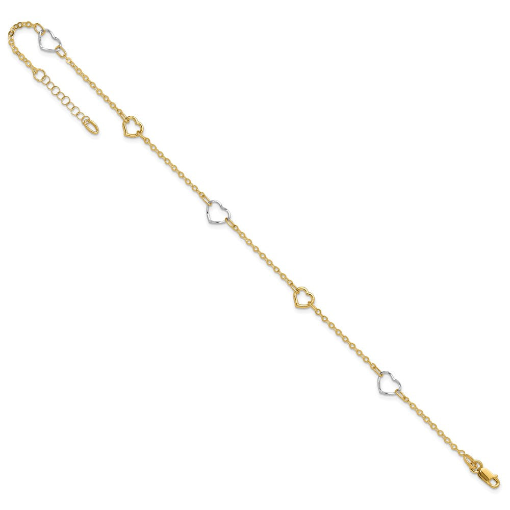 14K Two-tone Polished Open Hearts 5-Station 9 inch Plus 1 inch Extender Total 10 inch Anklet