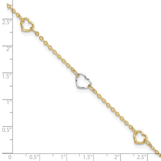 14K Two-tone Polished Open Hearts 5-Station 9 inch Plus 1 inch Extender Total 10 inch Anklet