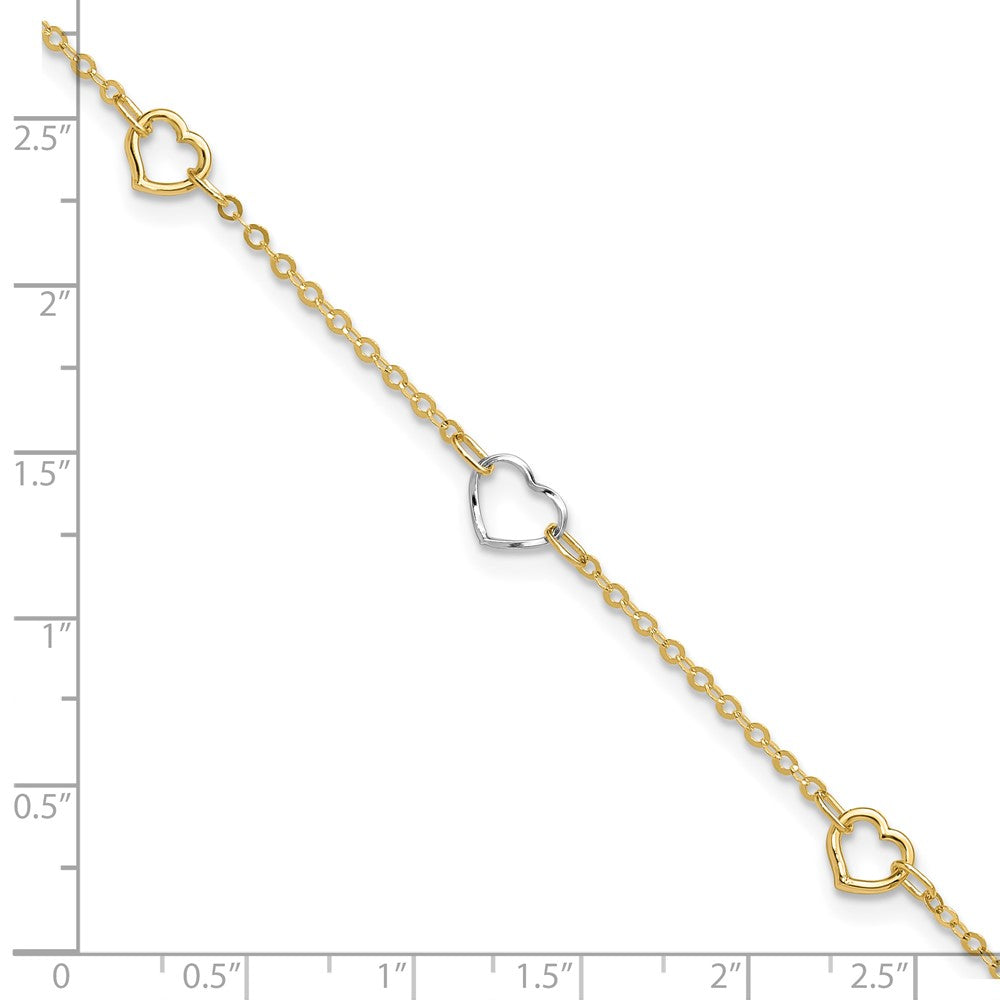 14K Two-tone Polished Open Hearts 5-Station 9 inch Plus 1 inch Extender Total 10 inch Anklet