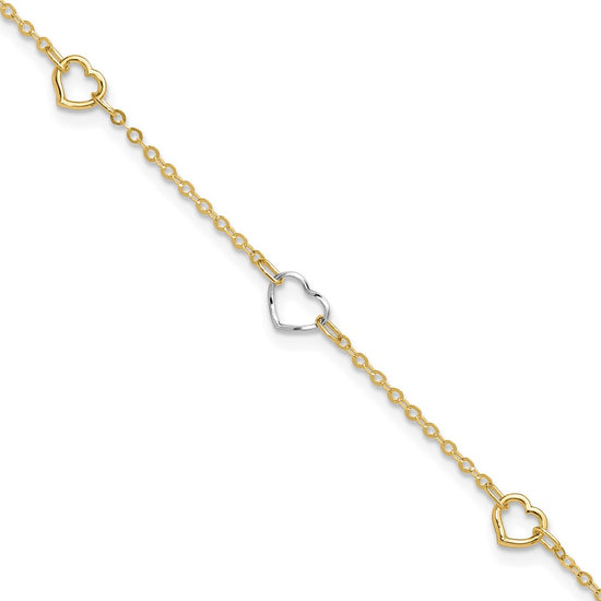 14K Two-tone Polished Open Hearts 5-Station 9 inch Plus 1 inch Extender Total 10 inch Anklet