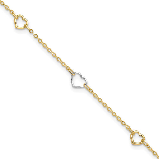 14K Two-tone Polished Open Hearts 5-Station 9 inch Plus 1 inch Extender Total 10 inch Anklet