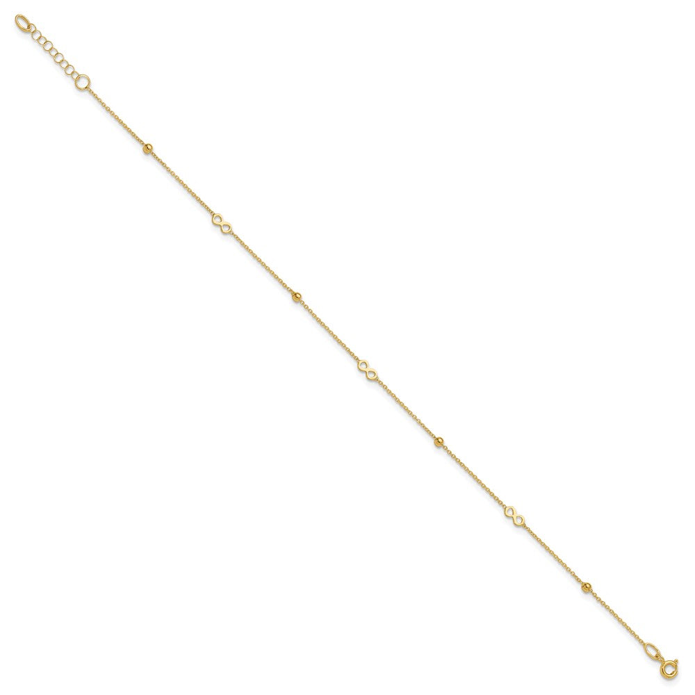 14K Polished Infinity and Beads 9 inch Plus 1 inch Extender Total 10 inch Anklet