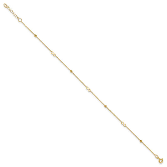 14K Polished Infinity and Beads 9 inch Plus 1 inch Extender Total 10 inch Anklet