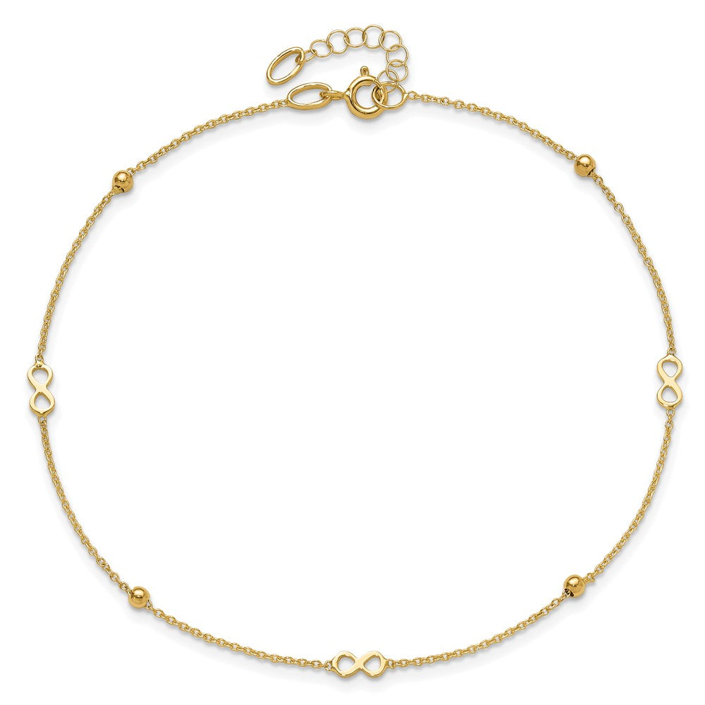 14K Polished Infinity and Beads 9 inch Plus 1 inch Extender Total 10 inch Anklet