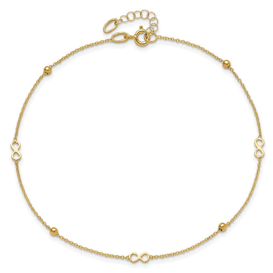 14K Polished Infinity and Beads 9 inch Plus 1 inch Extender - Total 10 inch Anklet