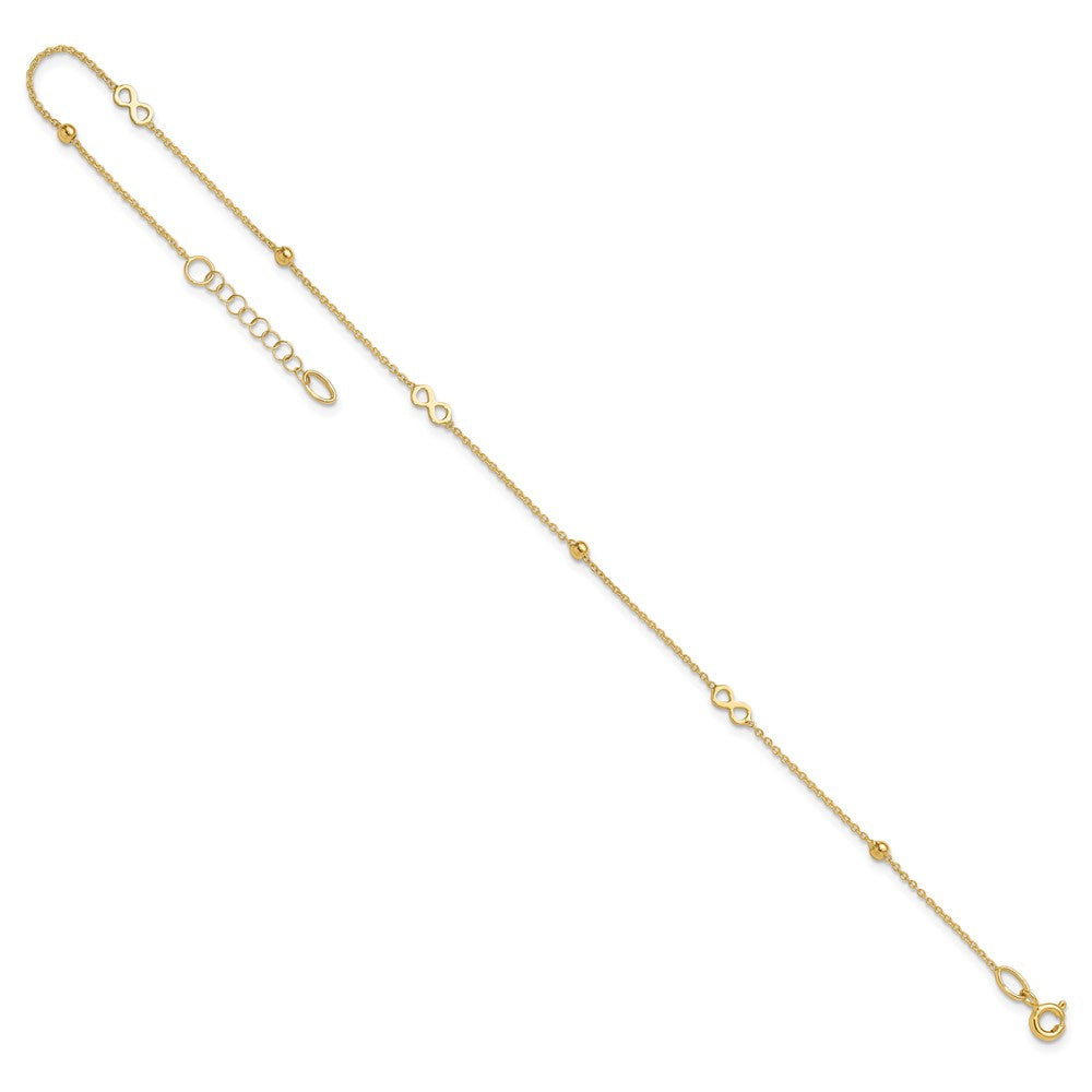14K Polished Infinity and Beads 9 inch Plus 1 inch Extender Total 10 inch Anklet