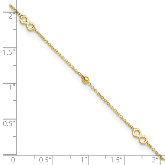 14K Polished Infinity and Beads 9 inch Plus 1 inch Extender Total 10 inch Anklet