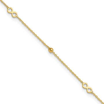 14K Polished Infinity and Beads 9 inch Plus 1 inch Extender Total 10 inch Anklet