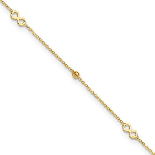 14K Polished Infinity and Beads 9 inch Plus 1 inch Extender Total 10 inch Anklet