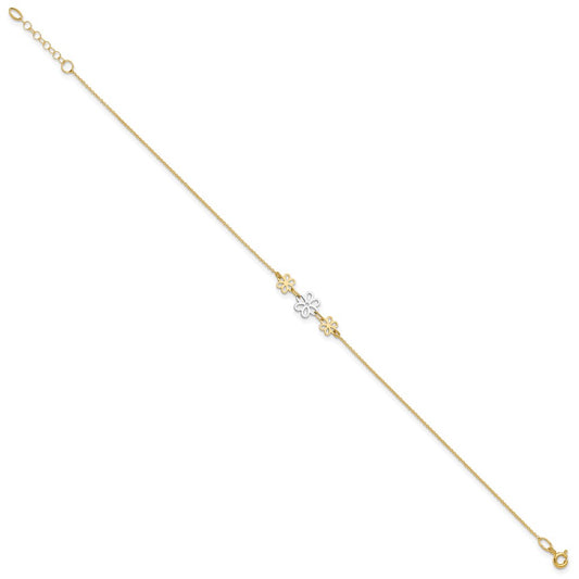 14K Two-tone Polished Three Cut-out Flowers 9 inch Plus 1 inch Extender Total 10 inch Anklet