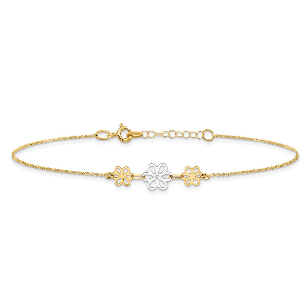 14K Two-tone Polished Three Cut-out Flowers 9 inch Plus 1 inch Extender Total 10 inch Anklet