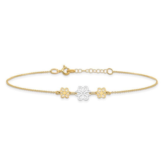 14K Two-tone Polished Three Cut-out Flowers 9 inch Plus 1 inch Extender - Total 10 inch Anklet