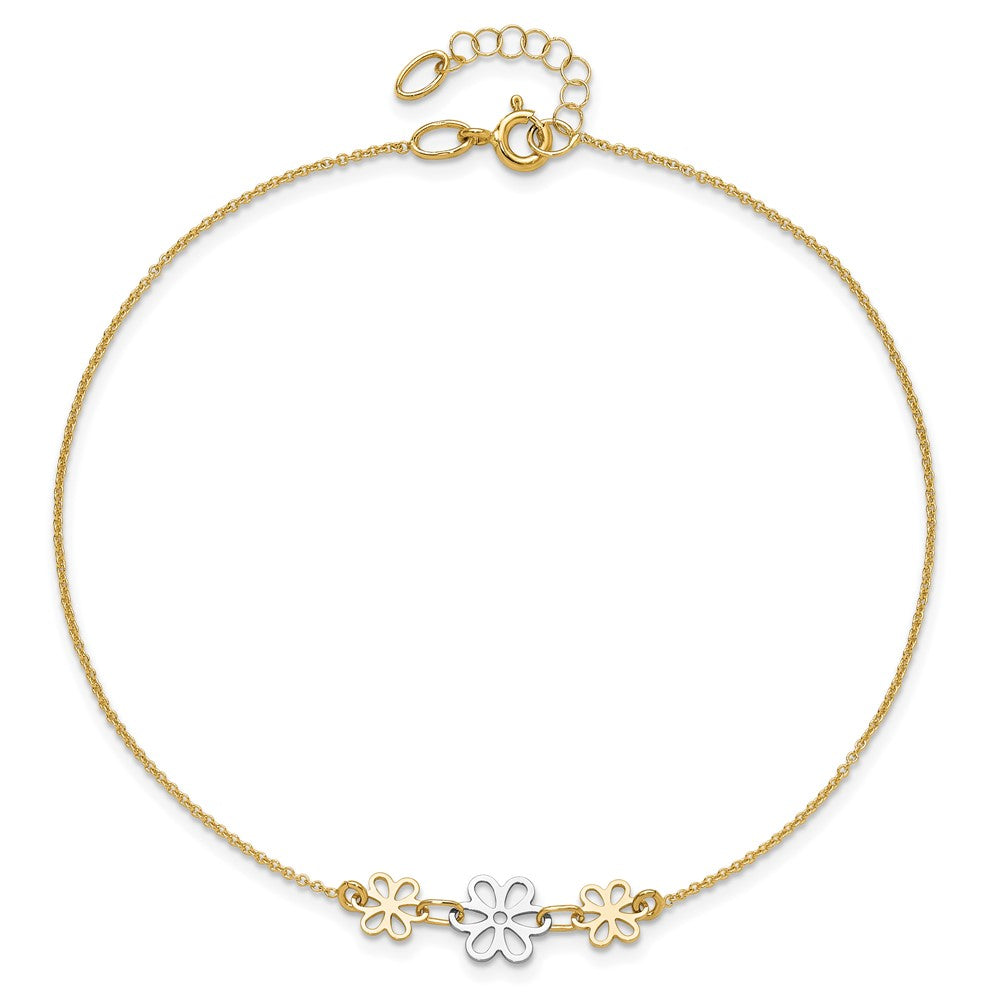 14K Two-tone Polished Three Cut-out Flowers 9 inch Plus 1 inch Extender Total 10 inch Anklet