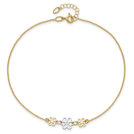 14K Two-tone Polished Three Cut-out Flowers 9 inch Plus 1 inch Extender - Total 10 inch Anklet