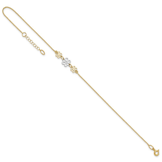14K Two-tone Polished Three Cut-out Flowers 9 inch Plus 1 inch Extender Total 10 inch Anklet