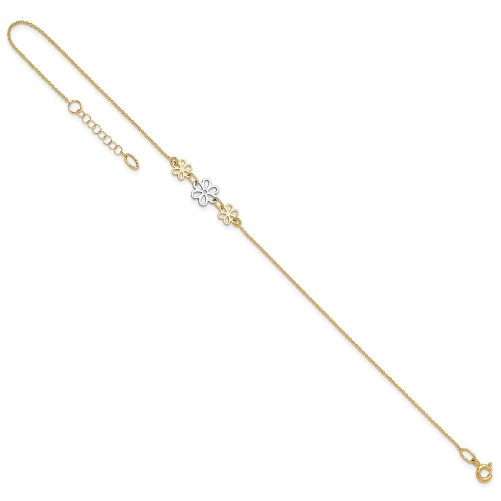 14K Two-tone Polished Three Cut-out Flowers 9 inch Plus 1 inch Extender Total 10 inch Anklet
