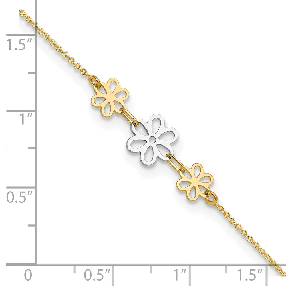 14K Two-tone Polished Three Cut-out Flowers 9 inch Plus 1 inch Extender Total 10 inch Anklet
