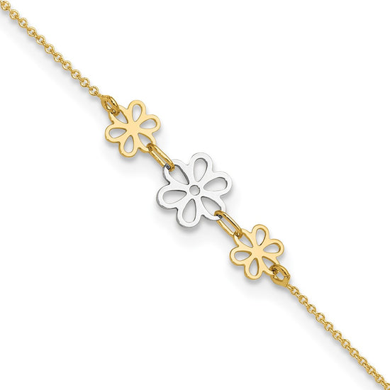 14K Two-tone Polished Three Cut-out Flowers 9 inch Plus 1 inch Extender Total 10 inch Anklet