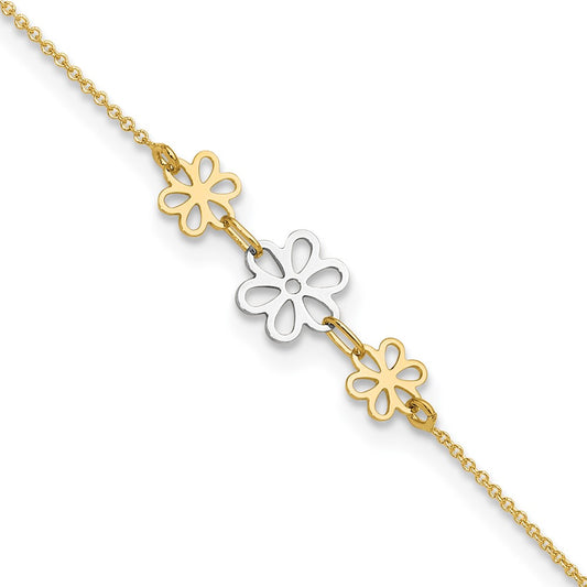 14K Two-tone Polished Three Cut-out Flowers 9 inch Plus 1 inch Extender Total 10 inch Anklet