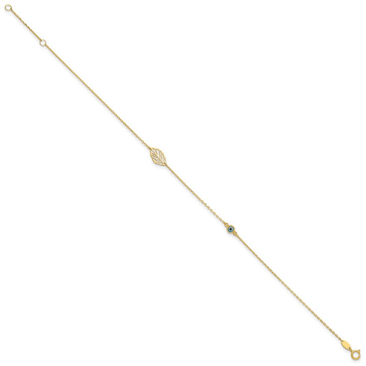 14k Leaf and Glass Eye Bead 9 inch Plus 1 inch Extender Total 10 inch Anklet