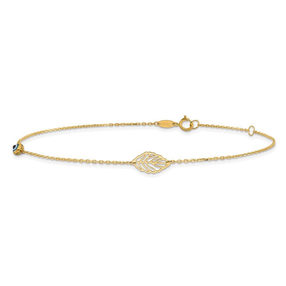 14k Leaf and Glass Eye Bead 9 inch Plus 1 inch Extender Total 10 inch Anklet