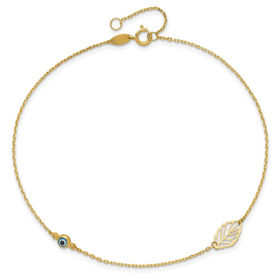 14k Leaf and Glass Eye Bead 9 inch Plus 1 inch Extender - Total 10 inch Anklet