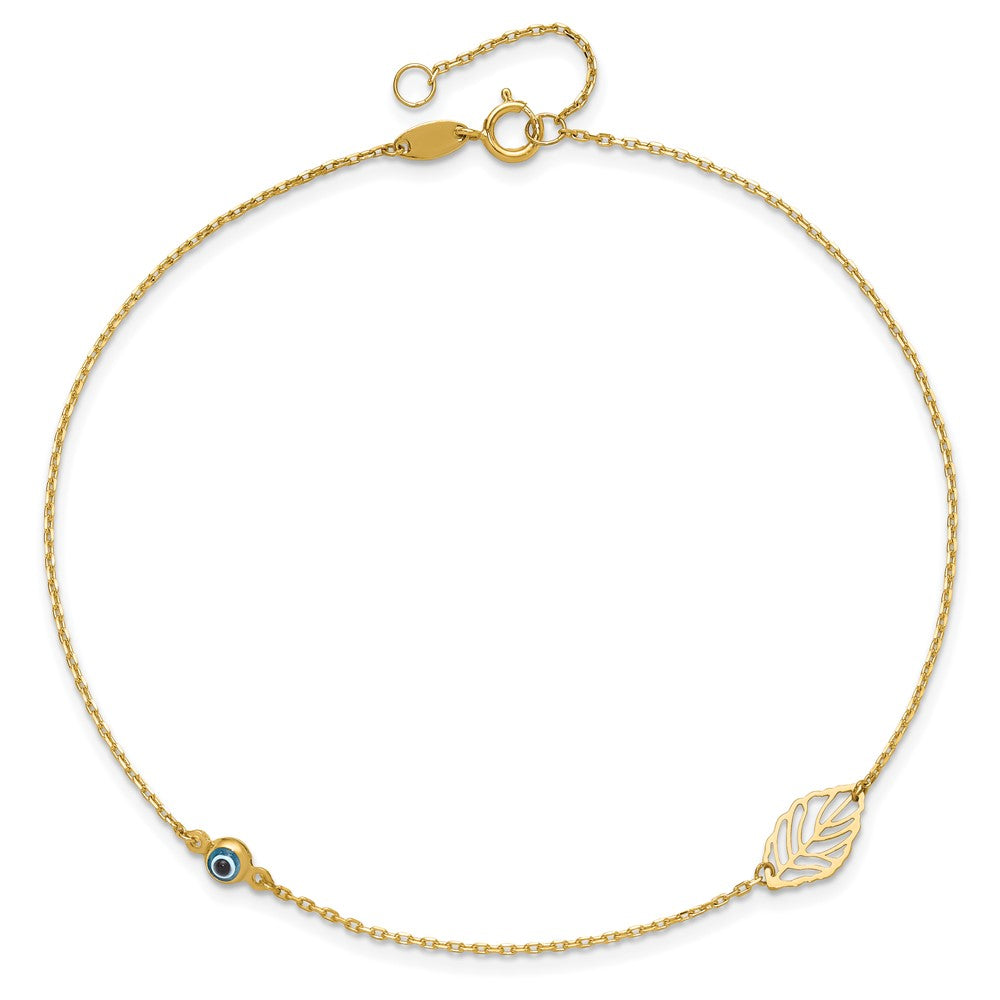 14k Leaf and Glass Eye Bead 9 inch Plus 1 inch Extender - Total 10 inch Anklet